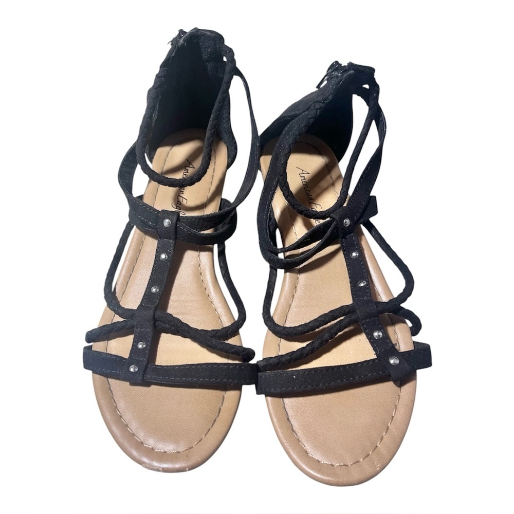 American Eagle Black Strappy Flat Sandals Womens Size 6 Braided Zip Back